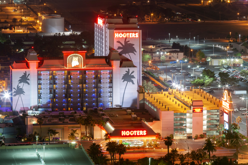 aerial nighttime view of Hooters Casino Hotel in Las Vegas