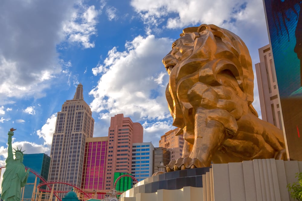 View of the MGM Grand Lion and New York Hotel and Casino on the Las Vegas Strip